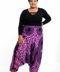 HaremPants.com Plus Size Paisley Mandalas Drop Crotch Women's Harem Pants In Purple