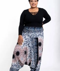 HaremPants.com Plus Size Paisley Mandalas Drop Crotch Women's Harem Pants In Silver Gray
