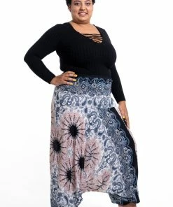 HaremPants.com Plus Size Paisley Mandalas Drop Crotch Women's Harem Pants In Silver Gray