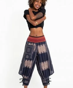 HaremPants.com Thai Hill Tribe Fabric Women's Harem Pants With Ankle Straps In Artisan Blue