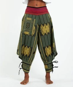 HaremPants.com Thai Hill Tribe Fabric Women's Harem Pants With Ankle Straps In Olive Green