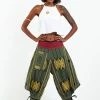 HaremPants.com Thai Hill Tribe Fabric Women's Harem Pants With Ankle Straps In Olive Green