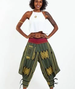 HaremPants.com Thai Hill Tribe Fabric Women's Harem Pants With Ankle Straps In Olive Green