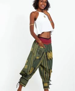 HaremPants.com Thai Hill Tribe Fabric Women's Harem Pants With Ankle Straps In Olive Green