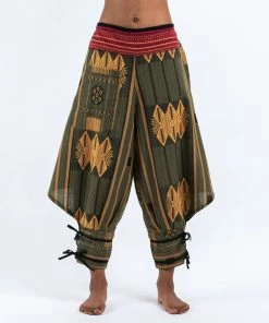 HaremPants.com Thai Hill Tribe Fabric Women's Harem Pants With Ankle Straps In Olive