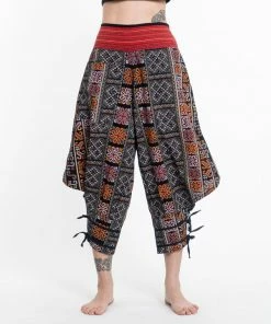 HaremPants.com Clovers Thai Hill Tribe Fabric Women's Harem Pants With Ankle Straps In Black
