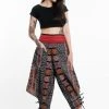 HaremPants.com Clovers Thai Hill Tribe Fabric Women's Harem Pants With Ankle Straps In Black