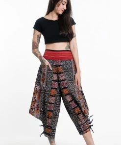 HaremPants.com Clovers Thai Hill Tribe Fabric Women's Harem Pants With Ankle Straps In Black