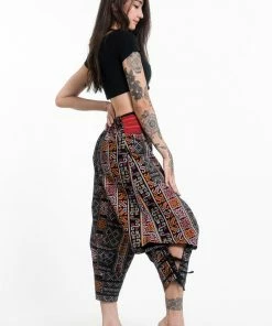 HaremPants.com Clovers Thai Hill Tribe Fabric Women's Harem Pants With Ankle Straps In Black