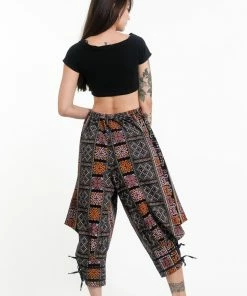 HaremPants.com Clovers Thai Hill Tribe Fabric Women's Harem Pants With Ankle Straps In Black