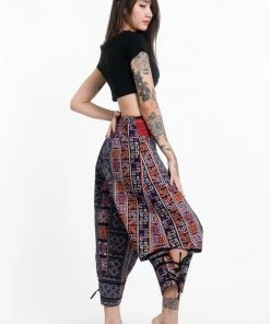 HaremPants.com Clovers Thai Hill Tribe Fabric Women's Harem Pants With Ankle Straps In Blue