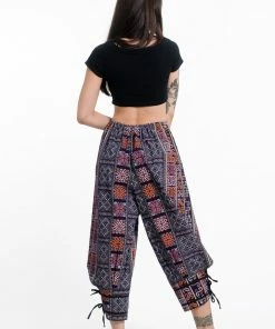 HaremPants.com Clovers Thai Hill Tribe Fabric Women's Harem Pants With Ankle Straps In Blue