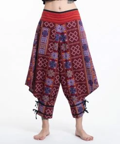 HaremPants.com Clovers Thai Hill Tribe Fabric Women's Harem Pants With Ankle Straps In Burgundy