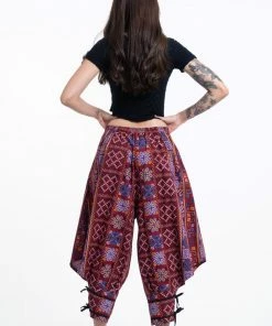 HaremPants.com Clovers Thai Hill Tribe Fabric Women's Harem Pants With Ankle Straps In Burgundy
