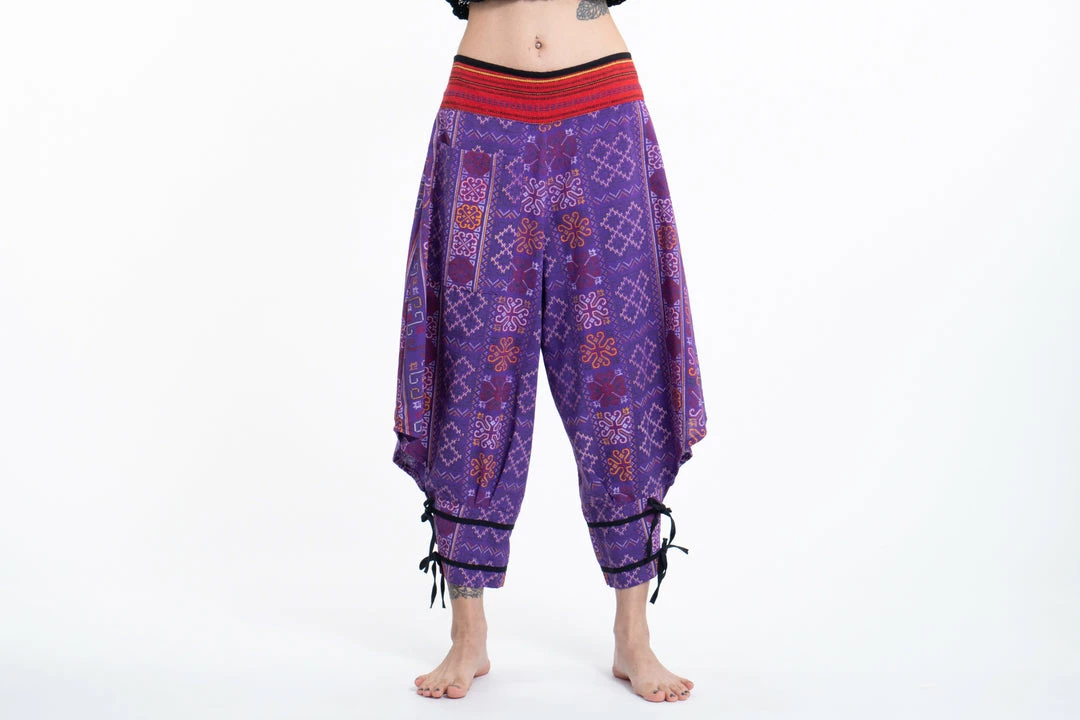 HaremPants.com Clovers Thai Hill Tribe Fabric Women's Harem Pants With Ankle Straps In Purple 4 HaremPants.com Clovers Thai Hill Tribe Fabric Women's Harem Pants With Ankle Straps In Purple