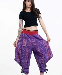 HaremPants.com Clovers Thai Hill Tribe Fabric Women's Harem Pants With Ankle Straps In Purple
