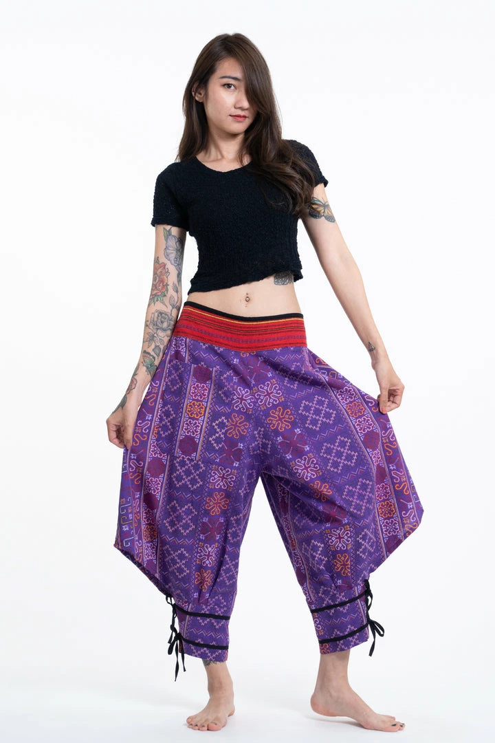 HaremPants.com Clovers Thai Hill Tribe Fabric Women's Harem Pants With Ankle Straps In Purple 3 HaremPants.com Clovers Thai Hill Tribe Fabric Women's Harem Pants With Ankle Straps In Purple