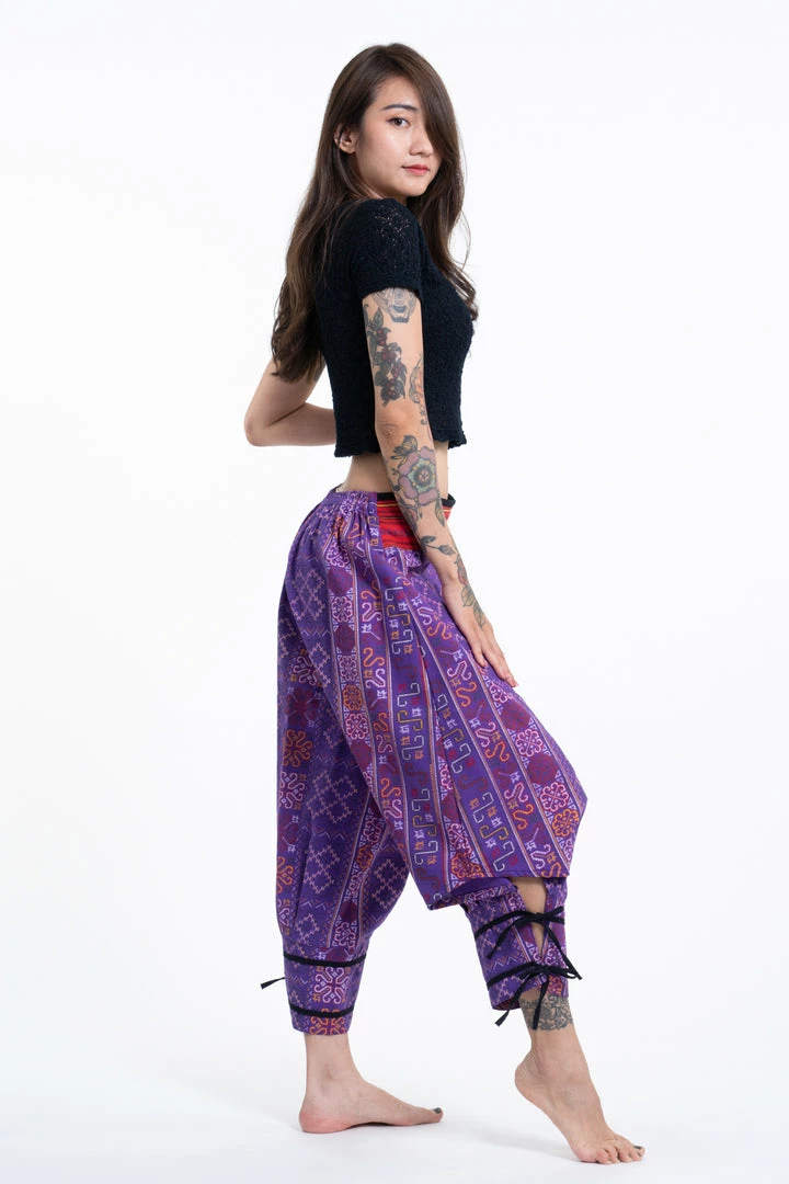 HaremPants.com Clovers Thai Hill Tribe Fabric Women's Harem Pants With Ankle Straps In Purple 5 HaremPants.com Clovers Thai Hill Tribe Fabric Women's Harem Pants With Ankle Straps In Purple