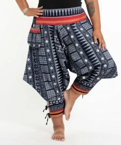 HaremPants.com Plus Size Traditional Prints Thai Hill Tribe Fabric Women's Harem Pants With Ankle Straps In Navy