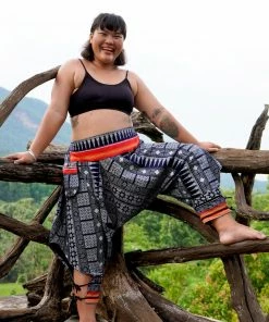 HaremPants.com Plus Size Traditional Prints Thai Hill Tribe Fabric Women's Harem Pants With Ankle Straps In Navy