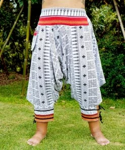 HaremPants.com Plus Size Traditional Prints Thai Hill Tribe Fabric Women's Harem Pants With Ankle Straps In White