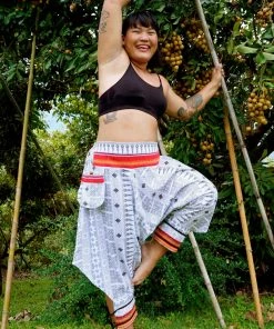 HaremPants.com Plus Size Traditional Prints Thai Hill Tribe Fabric Women's Harem Pants With Ankle Straps In White