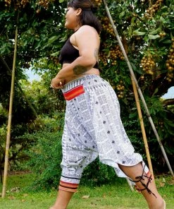 HaremPants.com Plus Size Traditional Prints Thai Hill Tribe Fabric Women's Harem Pants With Ankle Straps In White