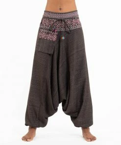 HaremPants.com Pinstripe Cotton Low Cut Women's Harem Pants With Hill Tribe Trim Brown
