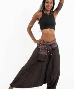 HaremPants.com Pinstripe Cotton Low Cut Women's Harem Pants With Hill Tribe Trim Brown