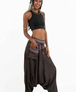 HaremPants.com Pinstripe Cotton Low Cut Women's Harem Pants With Hill Tribe Trim Brown