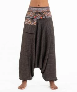 HaremPants.com Pinstripe Cotton Low Cut Women's Harem Pants With Hill Tribe Trim Brown