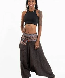 HaremPants.com Pinstripe Cotton Low Cut Women's Harem Pants With Hill Tribe Trim Brown