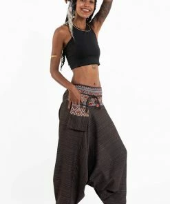HaremPants.com Pinstripe Cotton Low Cut Women's Harem Pants With Hill Tribe Trim Brown