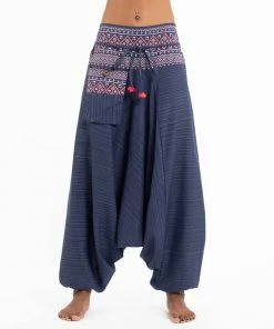 HaremPants.com Pinstripe Cotton Low Cut Women's Harem Pants With Hill Tribe Trim Navy