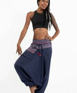 HaremPants.com Pinstripe Cotton Low Cut Women's Harem Pants With Hill Tribe Trim Navy