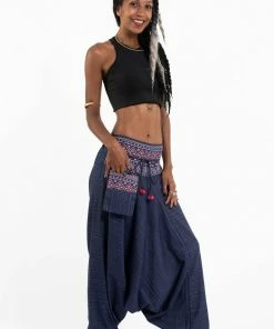 HaremPants.com Pinstripe Cotton Low Cut Women's Harem Pants With Hill Tribe Trim Navy