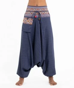 HaremPants.com Pinstripe Cotton Low Cut Women's Harem Pants With Hill Tribe Trim Navy