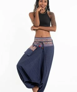 HaremPants.com Pinstripe Cotton Low Cut Women's Harem Pants With Hill Tribe Trim Navy