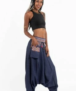 HaremPants.com Pinstripe Cotton Low Cut Women's Harem Pants With Hill Tribe Trim Navy