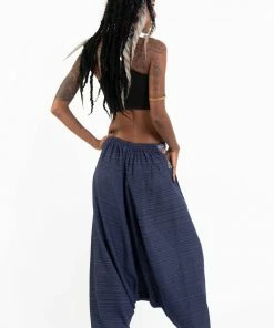 HaremPants.com Pinstripe Cotton Low Cut Women's Harem Pants With Hill Tribe Trim Navy