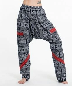 HaremPants.com Traditional Print Thai Hill Tribe Fabric Women's Slim Cut Harem Pants In Black And White