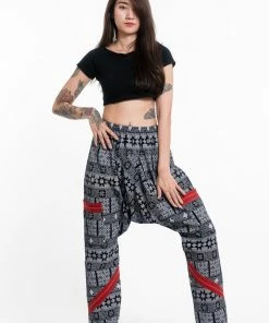 HaremPants.com Traditional Print Thai Hill Tribe Fabric Women's Slim Cut Harem Pants In Black And White