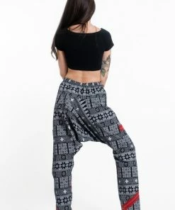 HaremPants.com Traditional Print Thai Hill Tribe Fabric Women's Slim Cut Harem Pants In Black And White