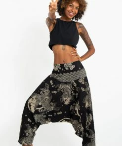 HaremPants.com Hill Tribe Koi Fish Print Women's Harem Pants In Black