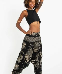 HaremPants.com Hill Tribe Koi Fish Print Women's Harem Pants In Black