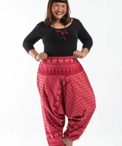 HaremPants.com Plus Size Hill Tribe Elephant Women's Elephant Pants In Red