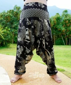 HaremPants.com Plus Size Hill Tribe Koi Fish Print Women's Harem Pants In Black