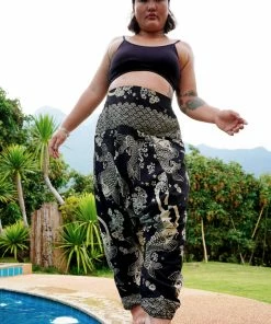 HaremPants.com Plus Size Hill Tribe Koi Fish Print Women's Harem Pants In Black