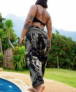 HaremPants.com Plus Size Hill Tribe Koi Fish Print Women's Harem Pants In Black