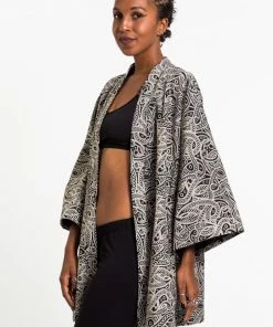 HaremPants.com Paisley Print Cotton Kimono Cardigan In Black